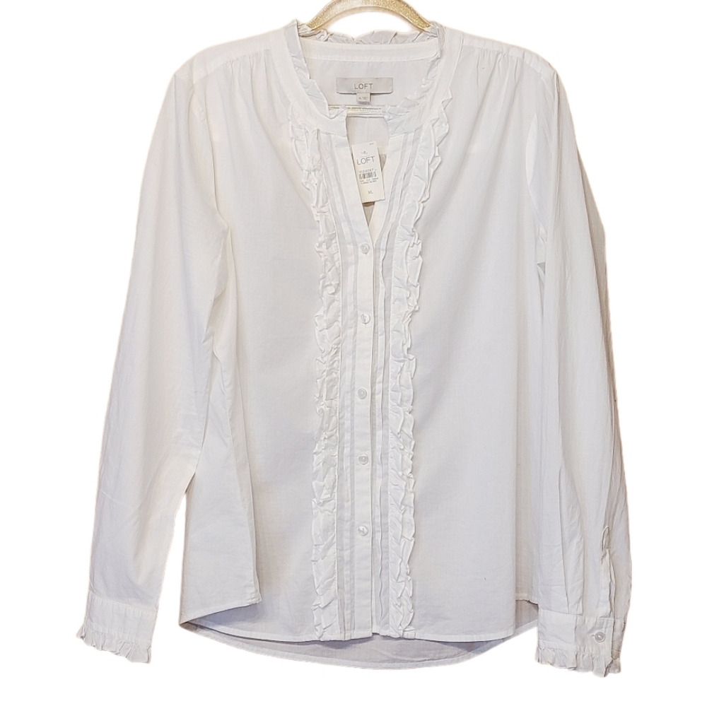 LOFT White Ruffle Trim Button-Down Blouse